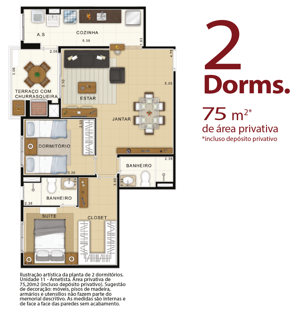 planta 2 dormitórios 75 metros quadrados